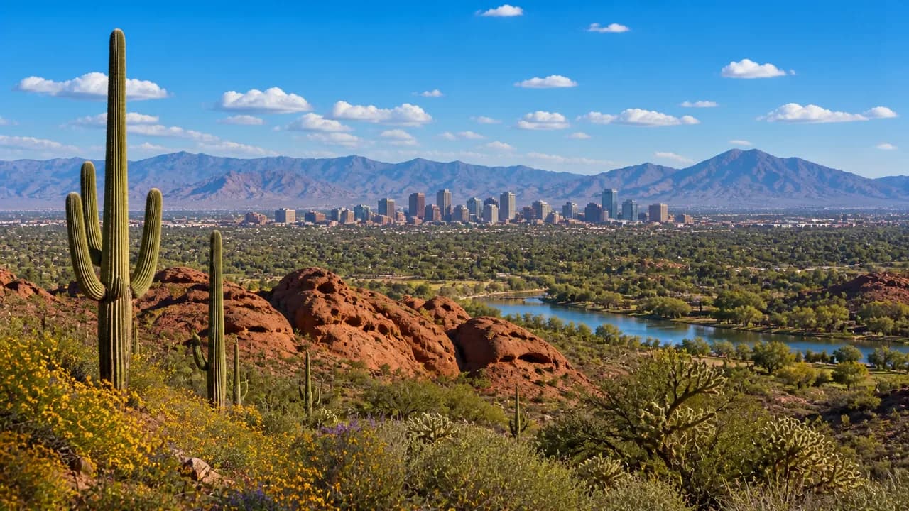 Phoenix skyline, Sonoran Desert, and central Arizona mountains