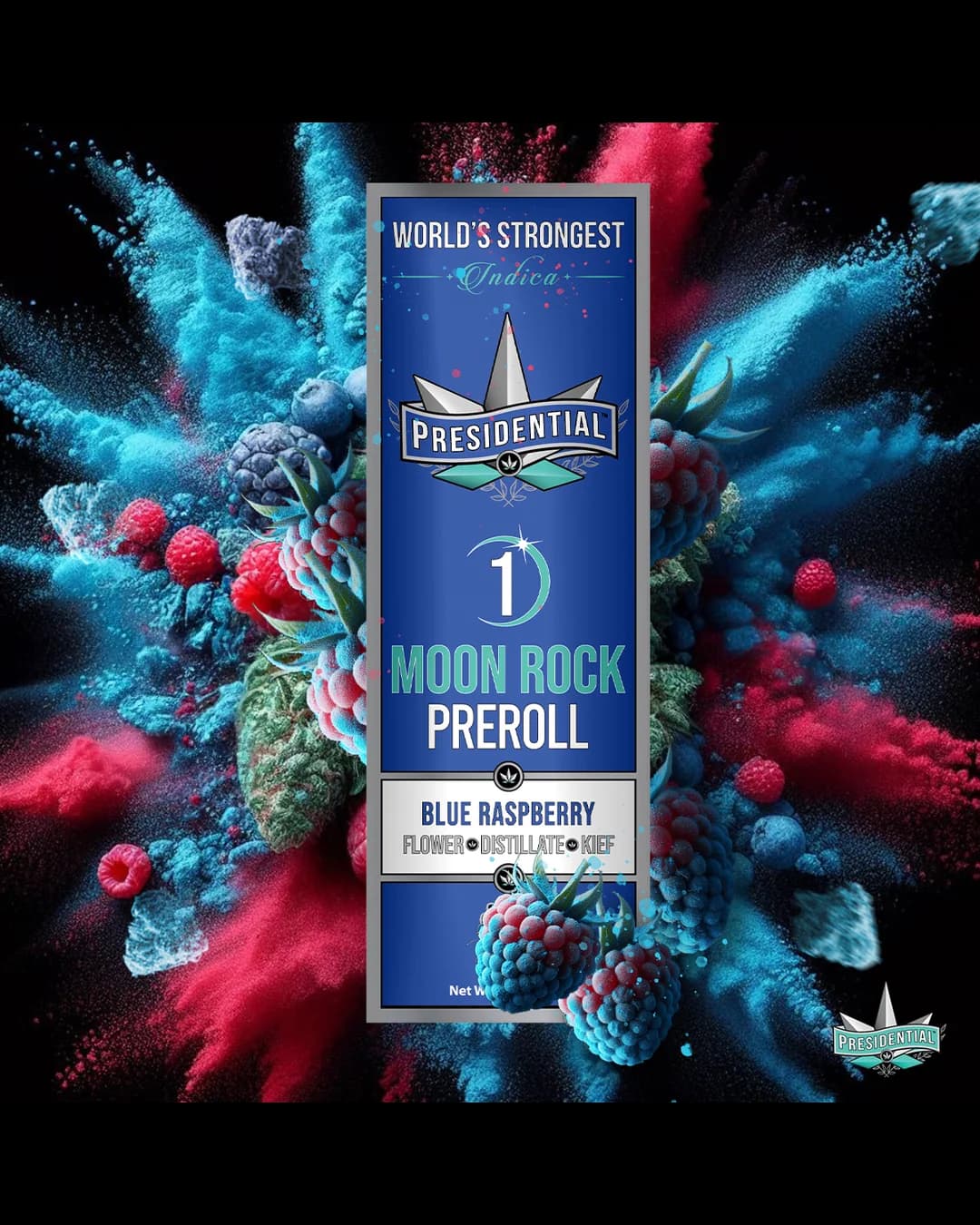Presidential Blue Raspberry infused pre-roll package and fruit art