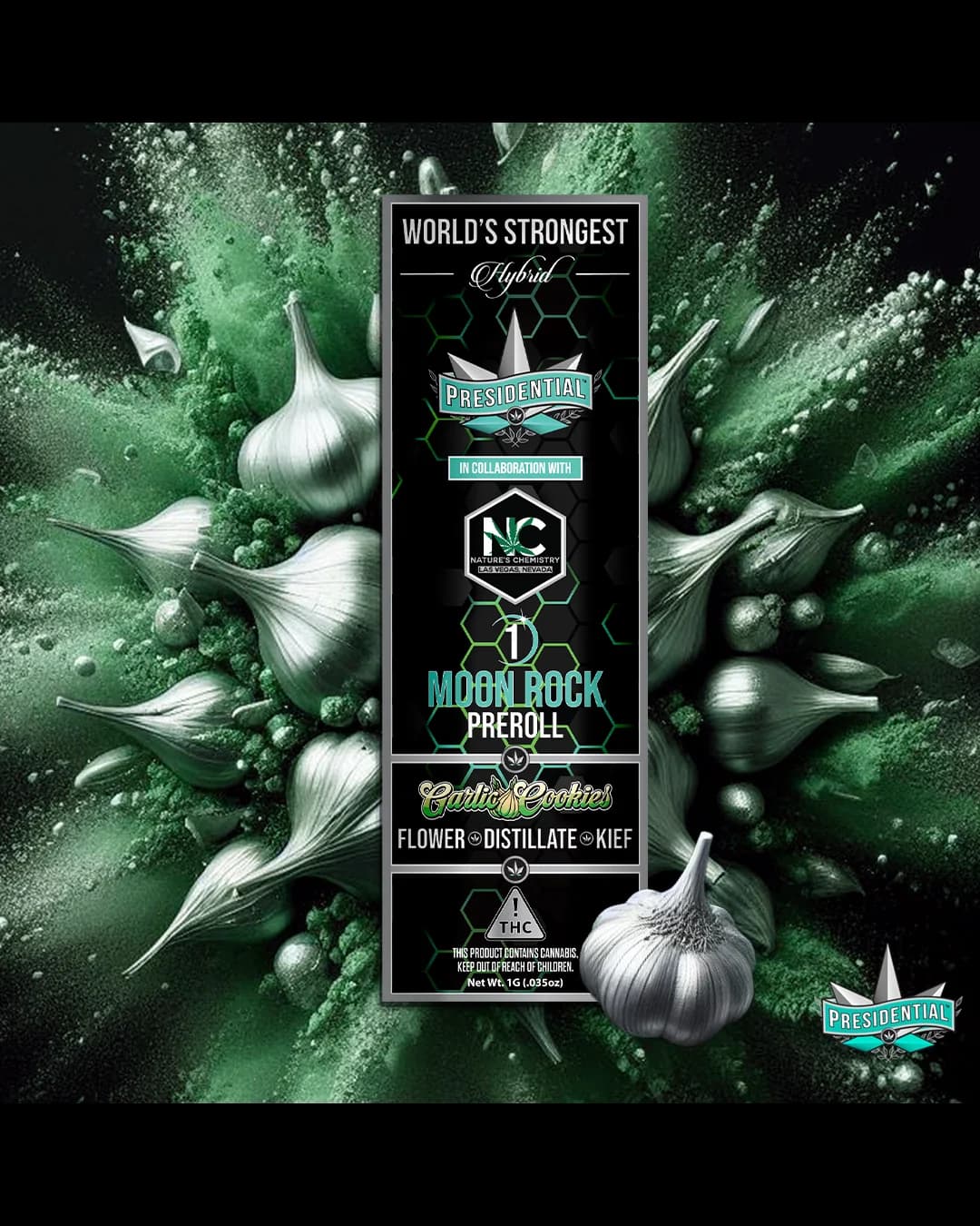 Presidential Garlic Cookies infused pre-roll package and artwork
