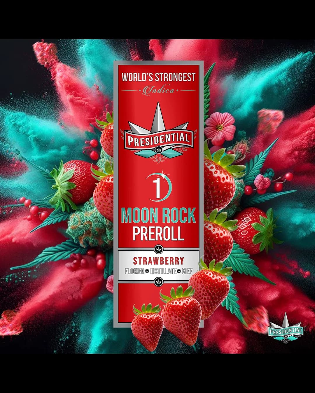 Presidential Strawberry Silver infused pre-roll package in red