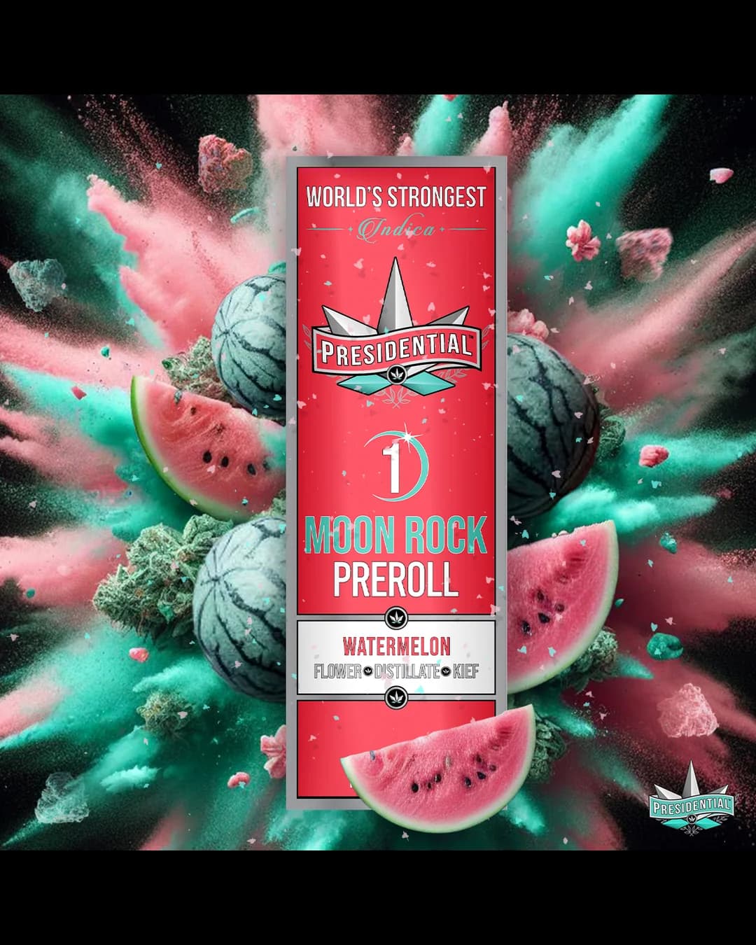 Presidential Watermelon Silver infused pre-roll package in green
