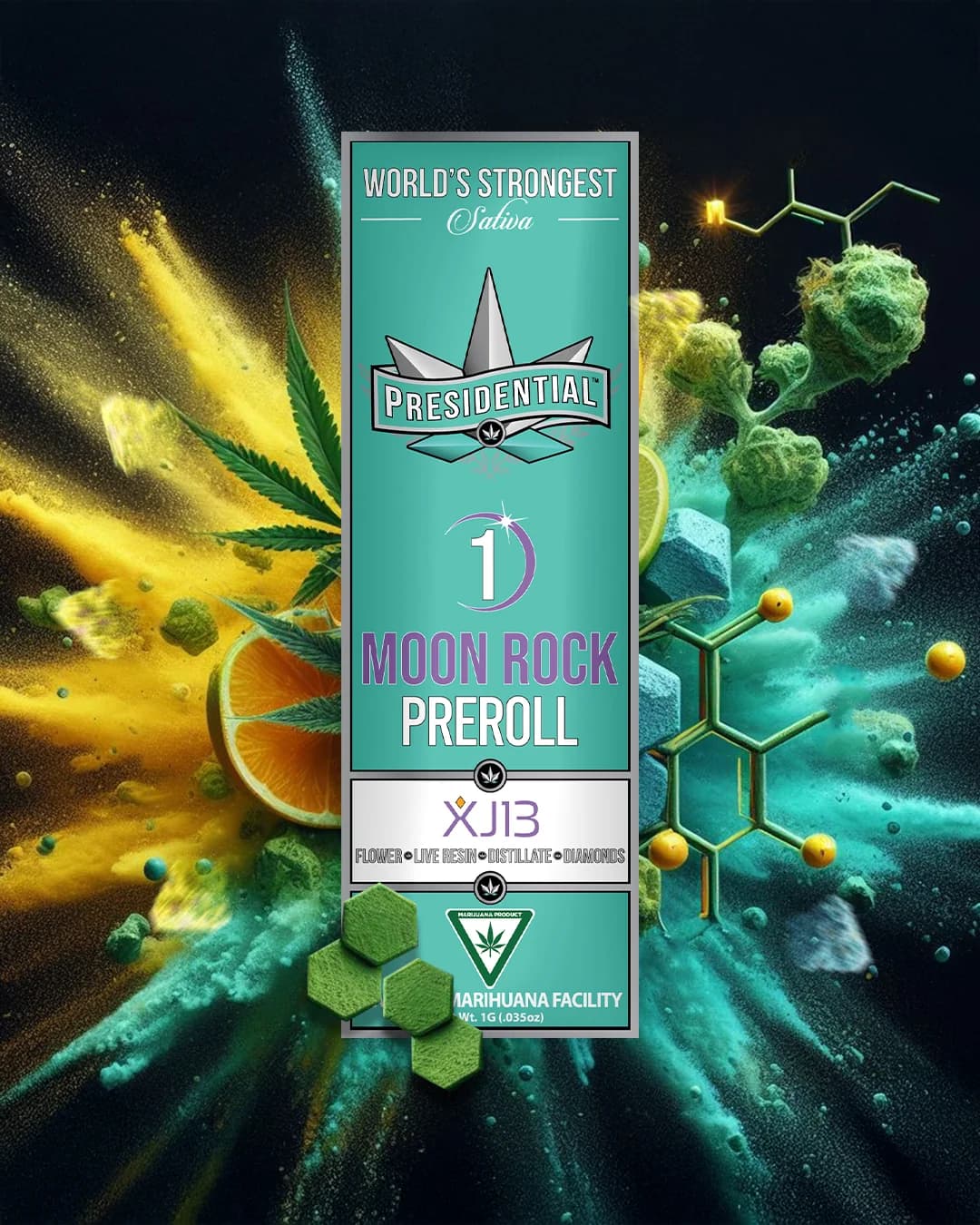 Presidential XJ-13 infused pre-roll package beside compliance guide